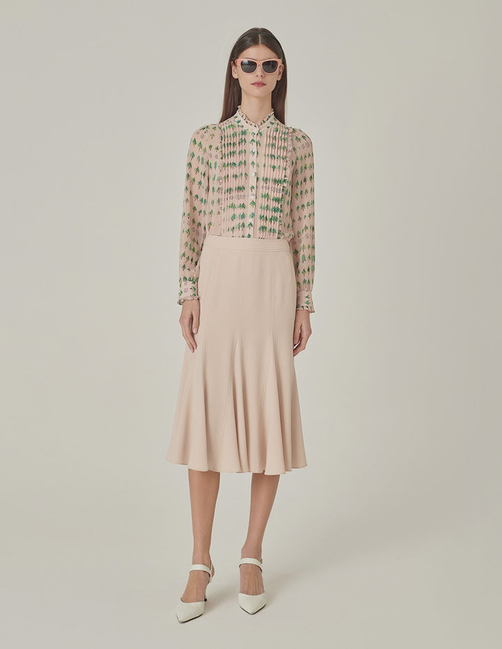 MARYLING Small Stand Collar Ruffle Tree-Printed Top