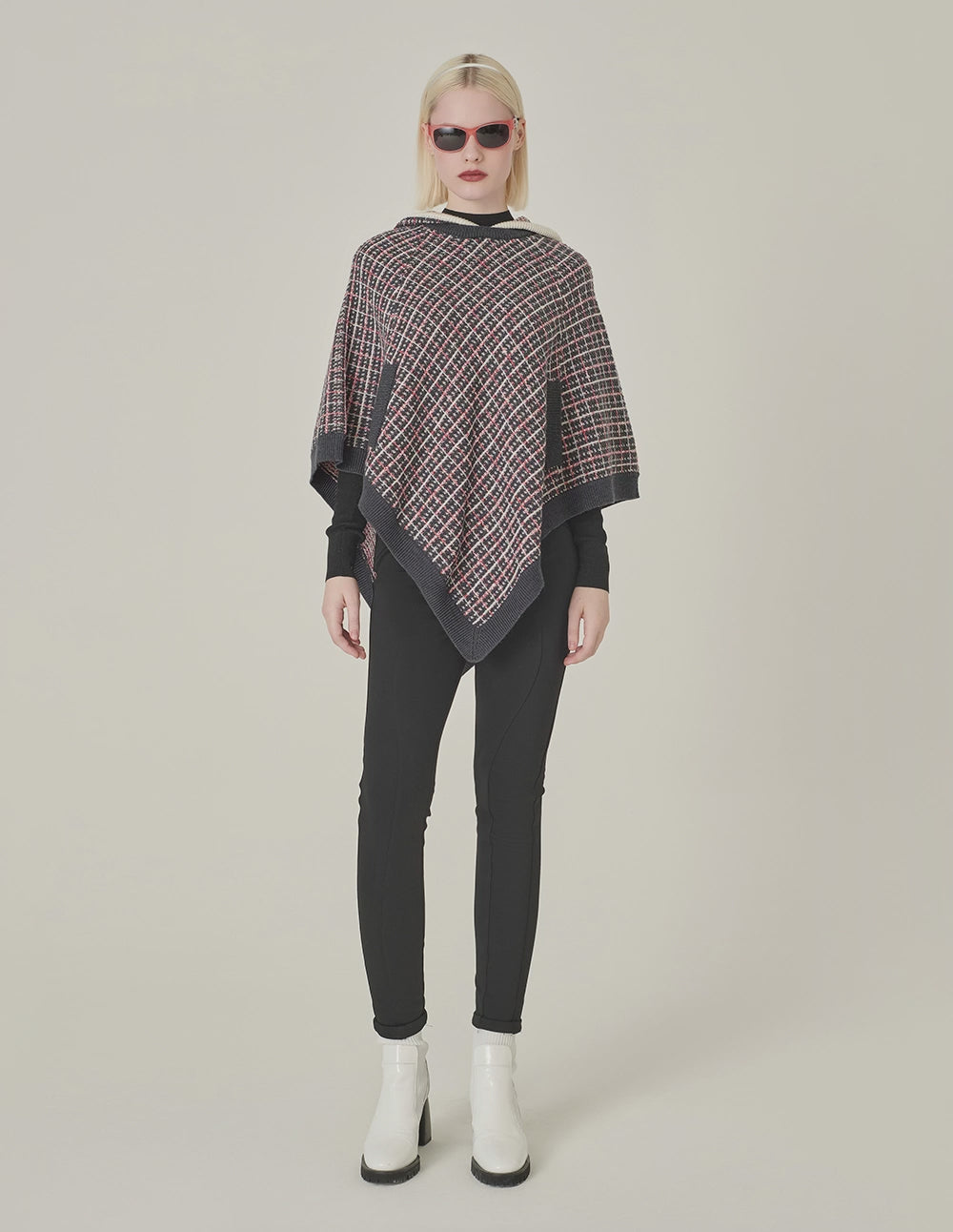 MARYLING Red And Black Hooded Knitted Plaid Shawl