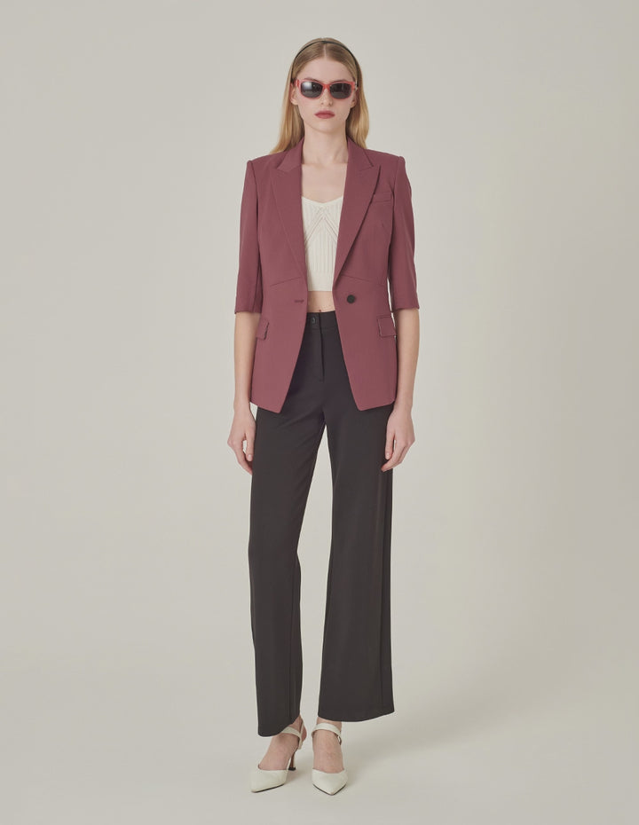 MARYLING Brick Red Peaked Lapel 3/4 Sleeve Single-Breasted Blazer