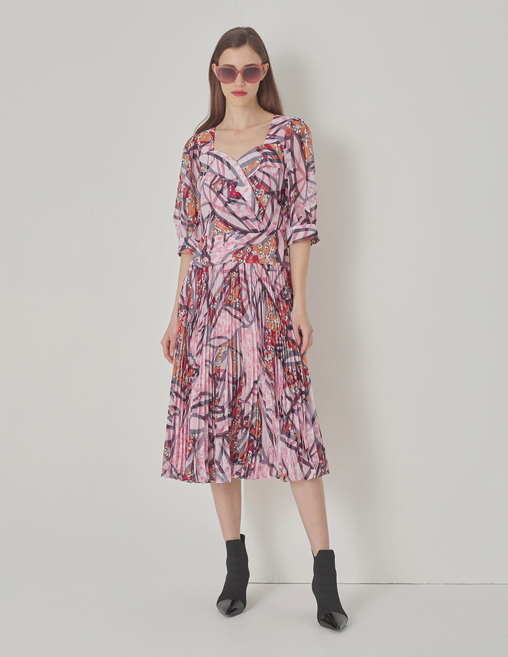 MARYLING Peach Blossom Square V Neck Cross Pleated Print Dress