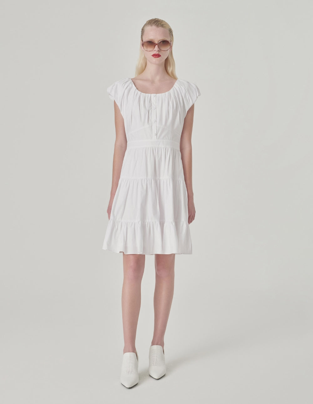 MARYLING Puff Sleeve Pleated Cotton Dress