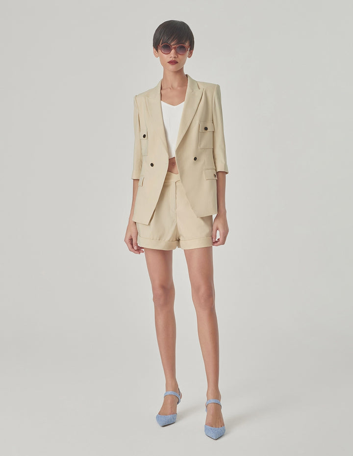MARYLING Sand Double-Breasted Mid-Sleeve Blazer