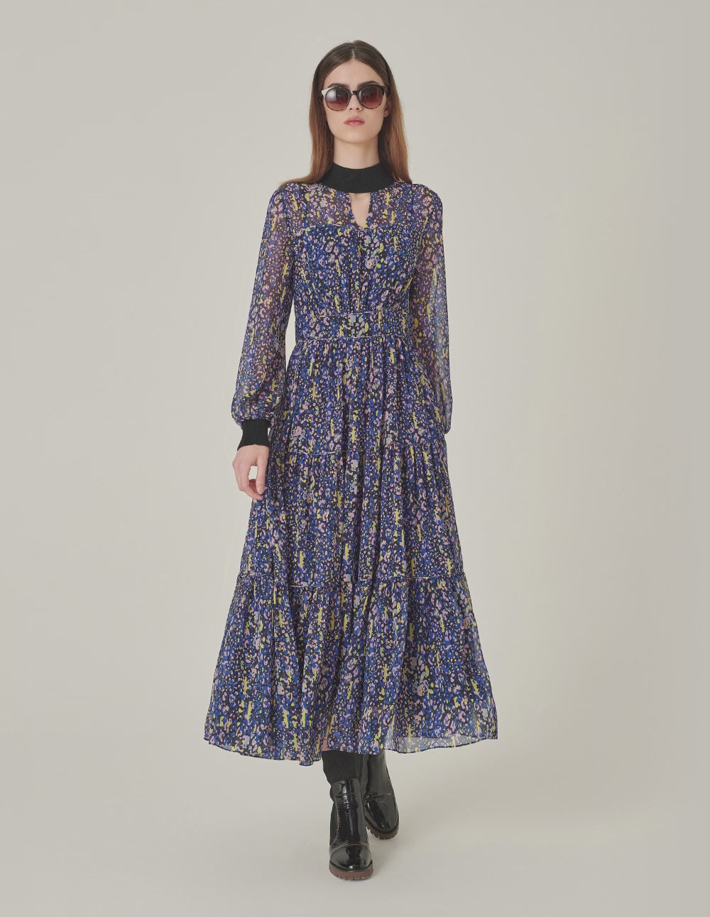 MARYLING Stand Collar Georgette Printed Pleated Mid-Length Dress