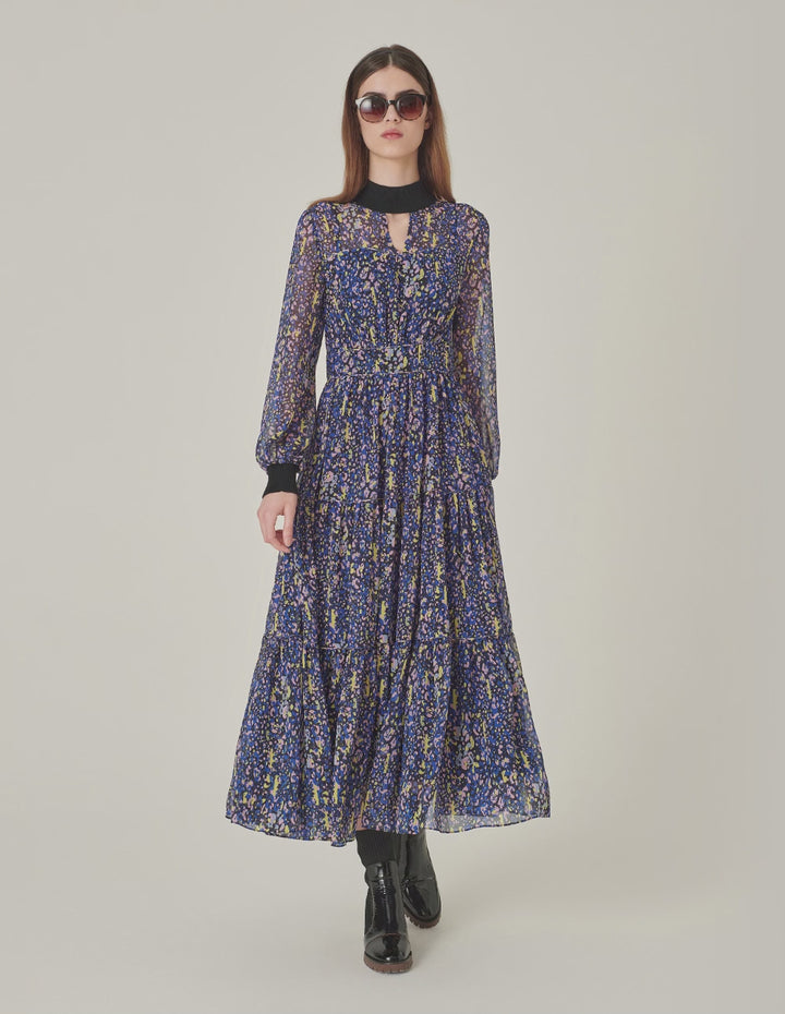 MARYLING Stand Collar Georgette Printed Pleated Mid-Length Dress