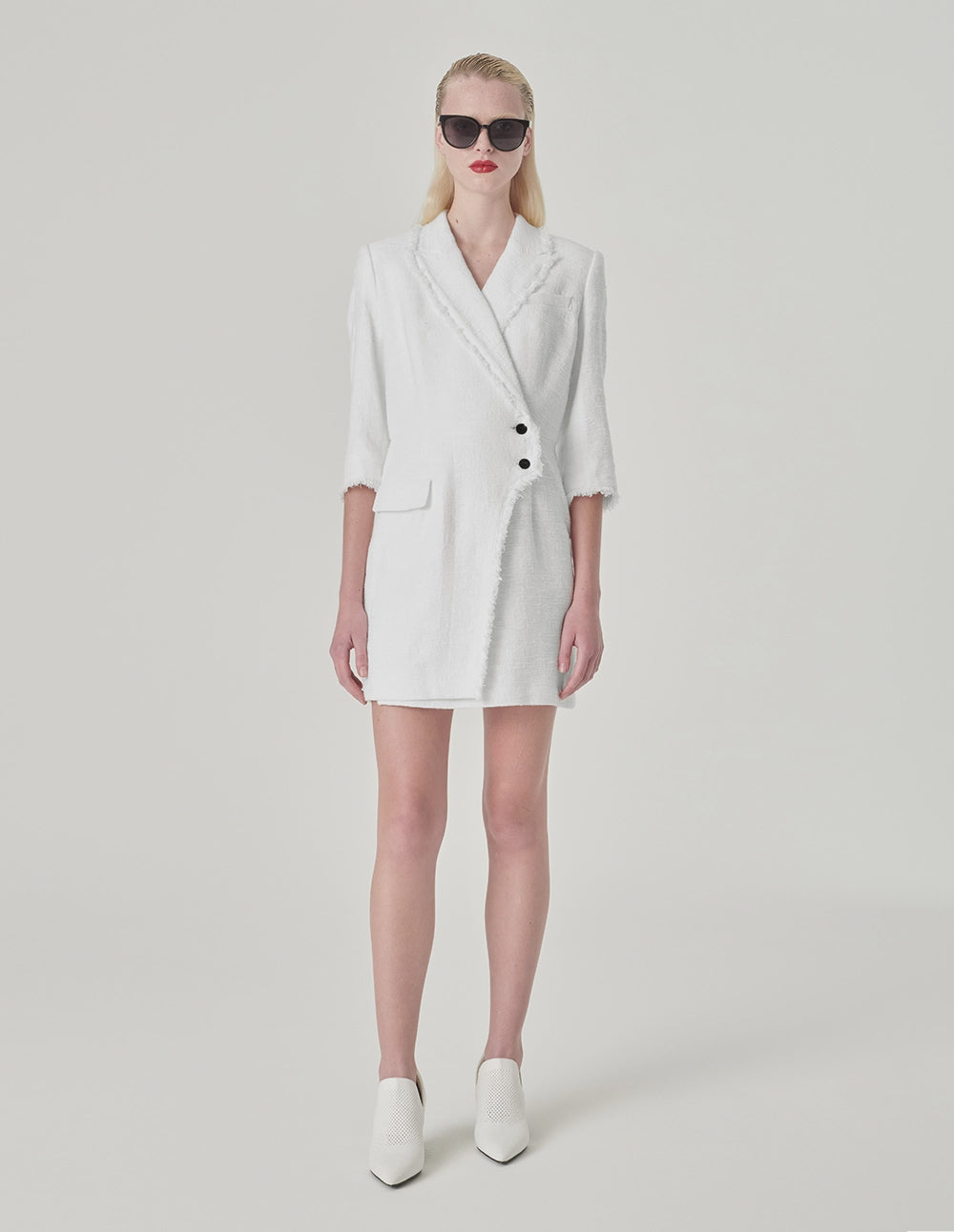 MARYLING White Lapel Collar Tweed Dress