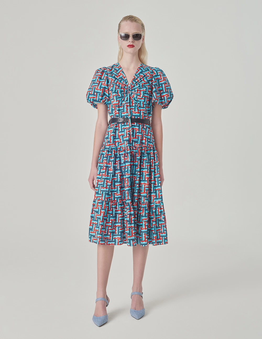 MARYLING Plaid V-Neck Puff Short Sleeve A-Hem Dress