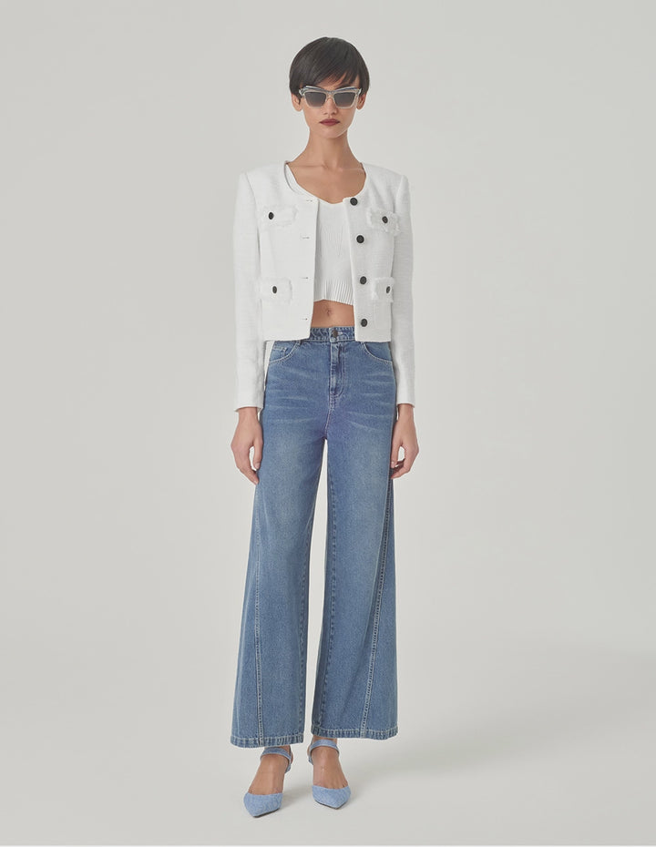 MARYLING White U-Shaped Collar Box Silhouette Short Jacket