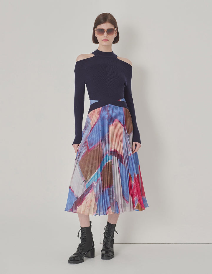 MARYLING Chiffon Print Pleated Dress