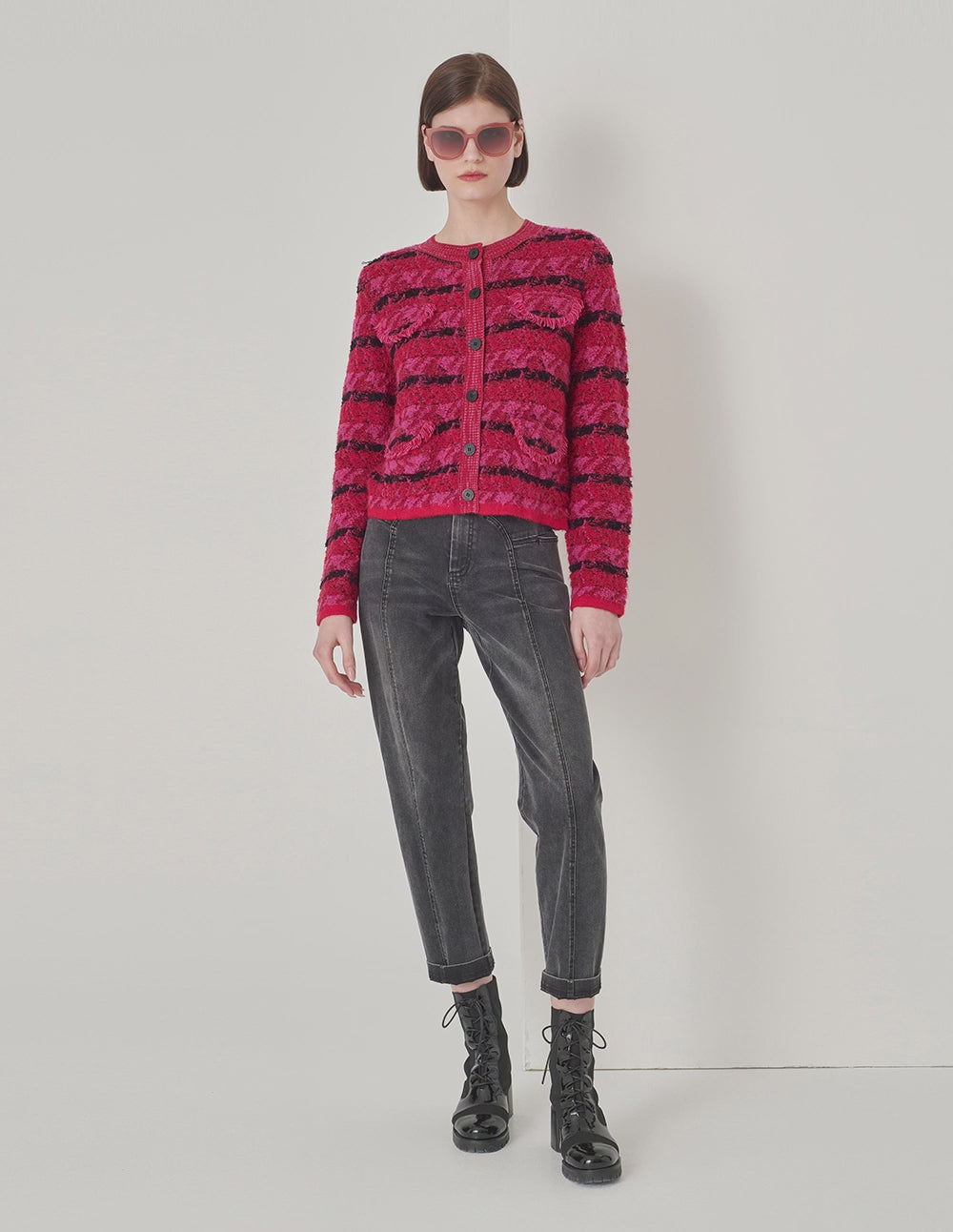 MARYLING Raspberry Plaid Knitted Cardigan
