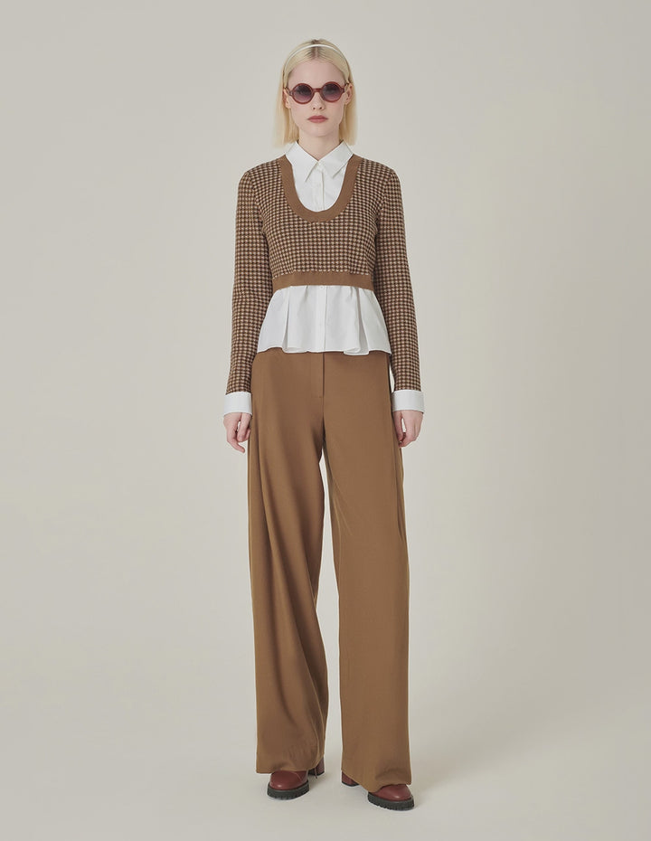 MARYLING Camel Checkered Patchwork Knit Blouse