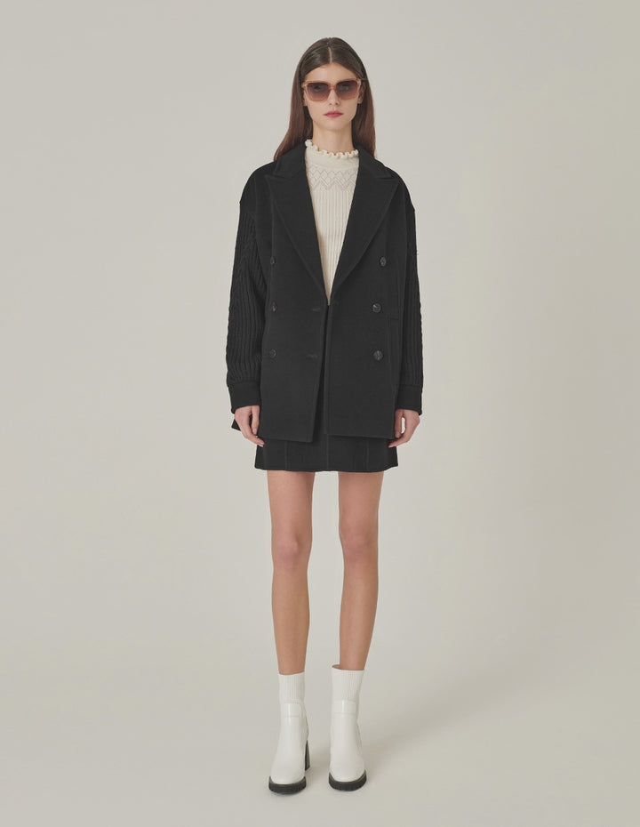 MARYLING Black Peak Lapel Double-Breasted Woolen-Sleeve Coat