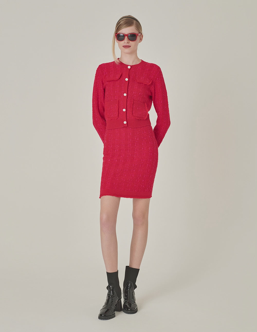 MARYLING Red Round Collar Knit Cardigan