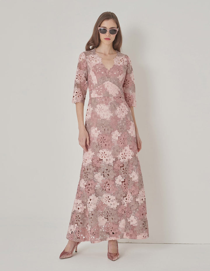 MARYLING Pink V-Neck Fishtail Slit Lace Dress