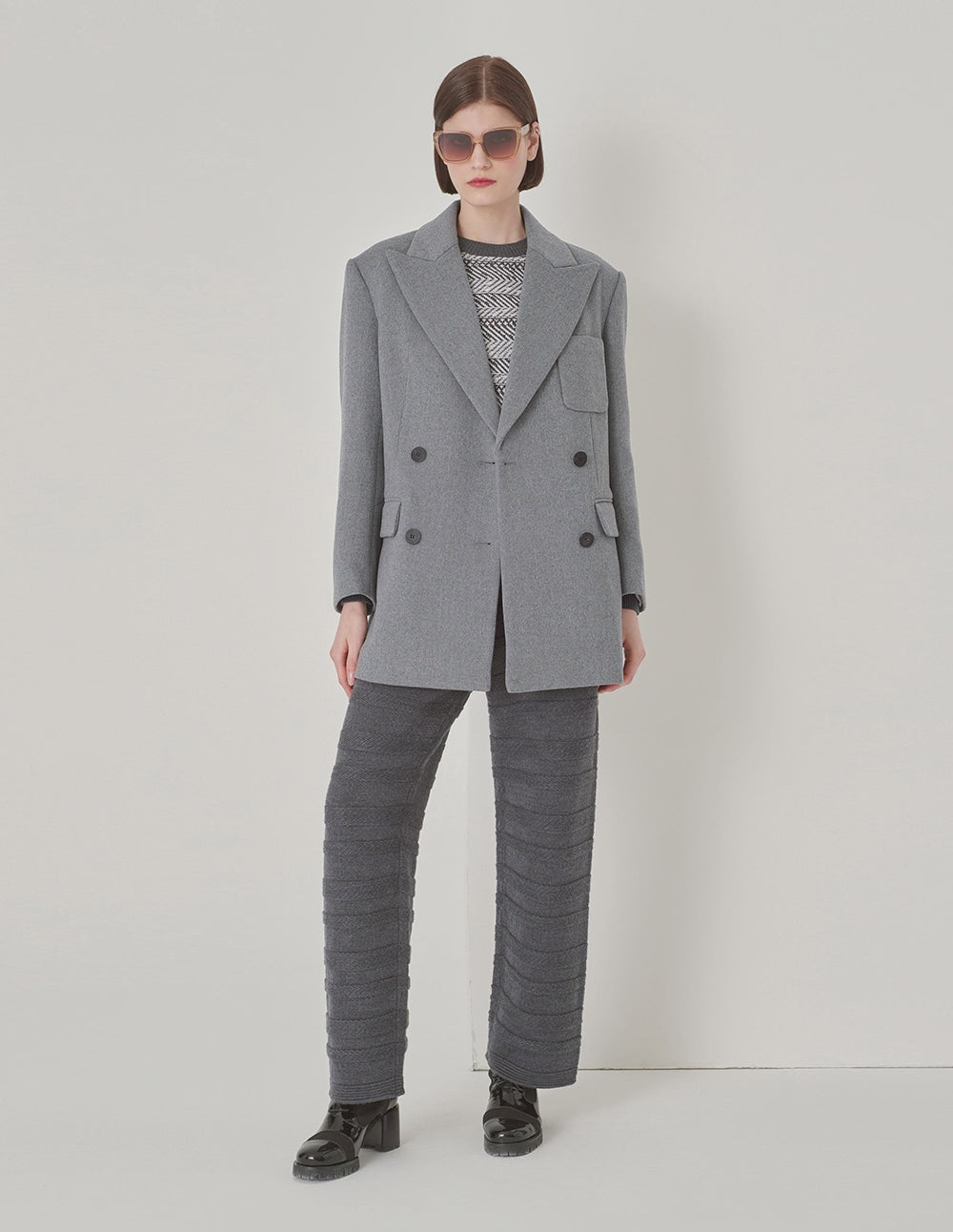 MARYLING Grey Suit-Style Double-Breasted Short Coat