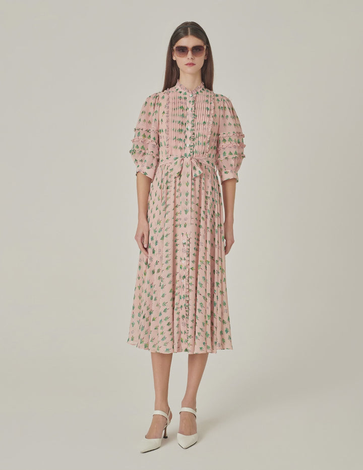 MARYLING Small Stand Collar Puff Sleeve Tree-Printed Dress
