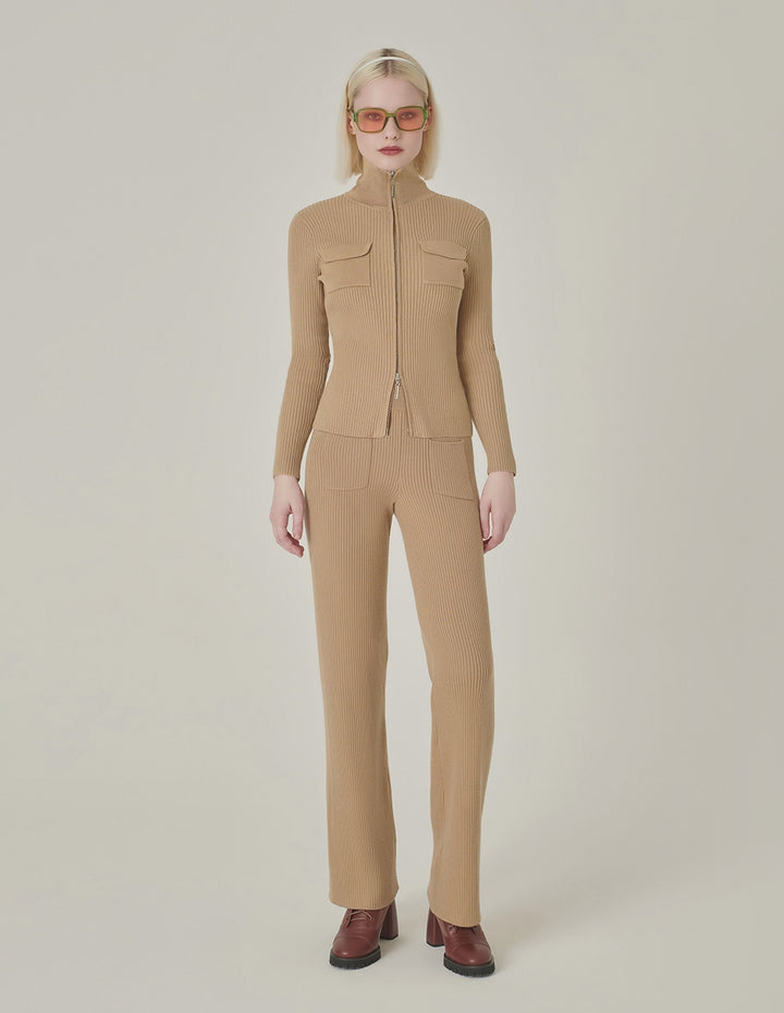 MARYLING Straight Wide-Leg Apricot Pocket Knitted Trousers