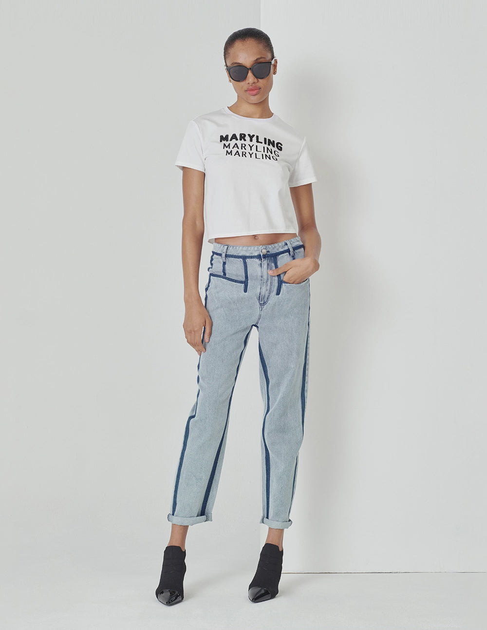 MARYLING White Beaded Logo Cropped T-Shirt