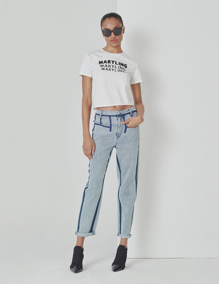 MARYLING White Beaded Logo Cropped T-Shirt