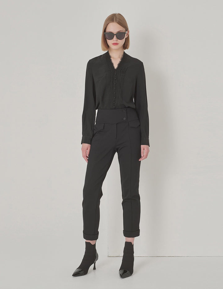 MARYLING Black Wide-Waisted Decorative Slim Fit Stretch Pants