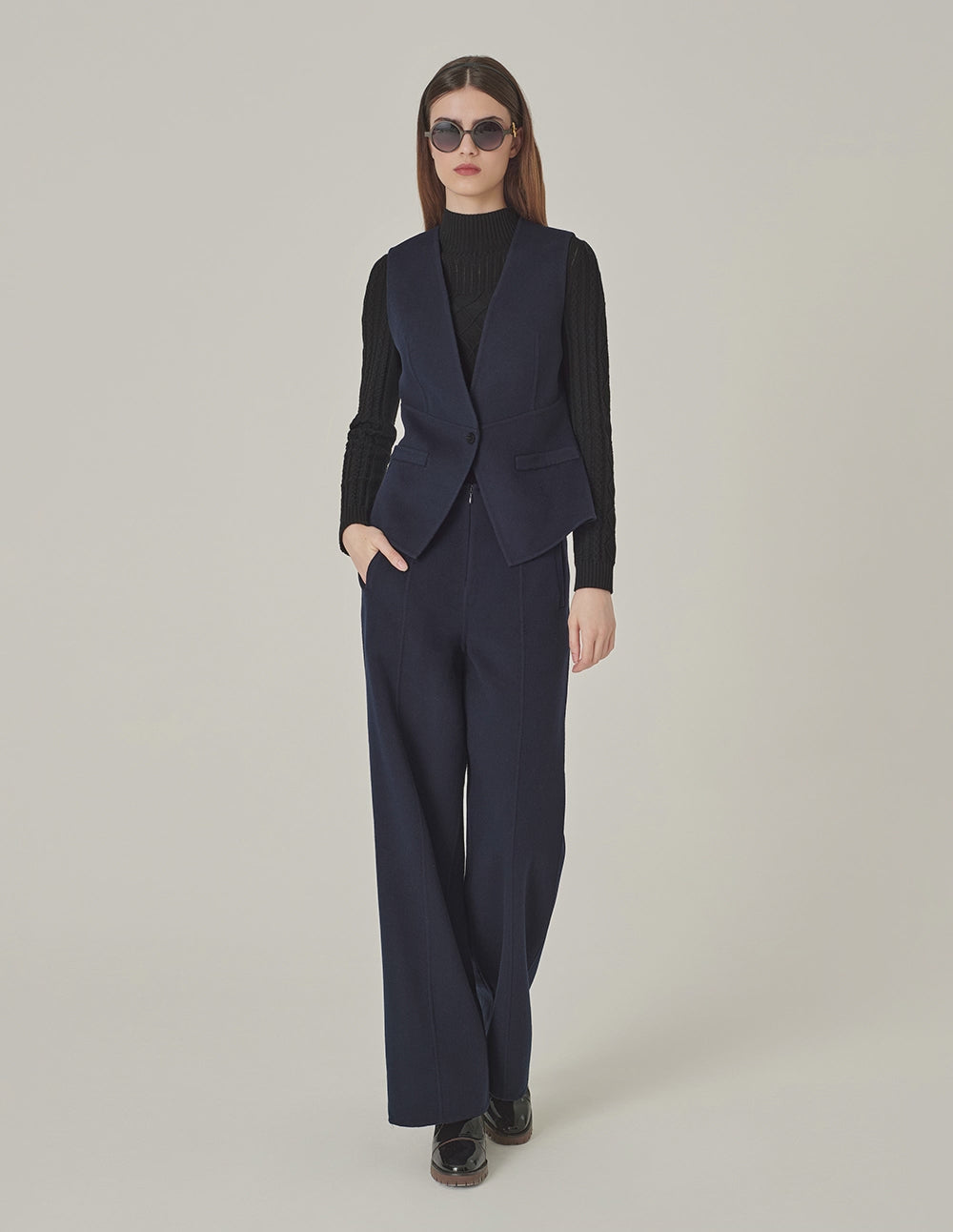 MARYLING Dark Blue V-Neck Double-Sided Woolen Vest