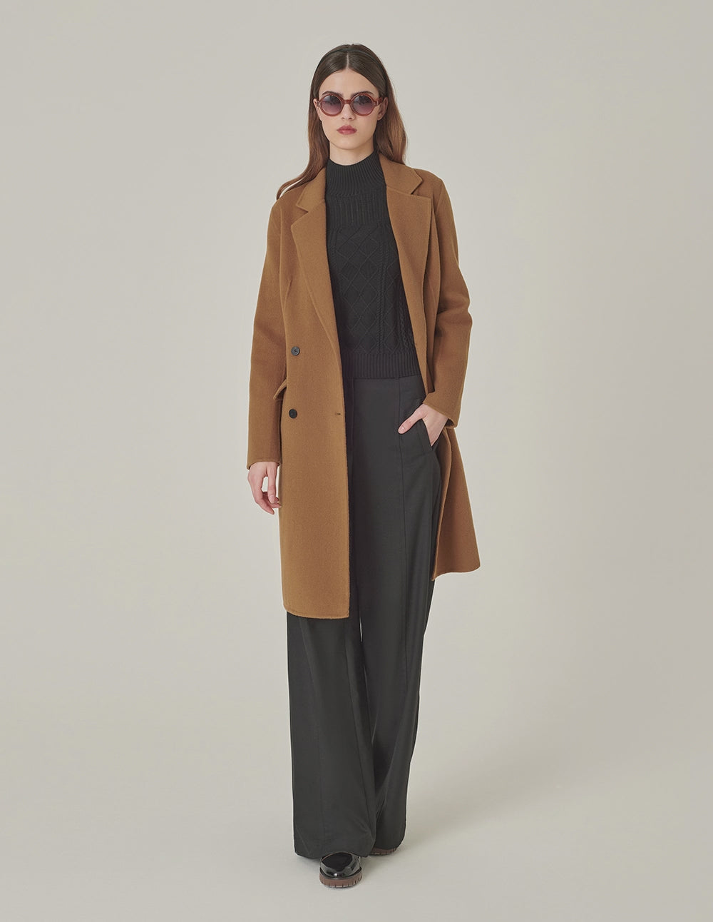 MARYLING Camel Double-Breasted Silk Wool Double-Sided Coat