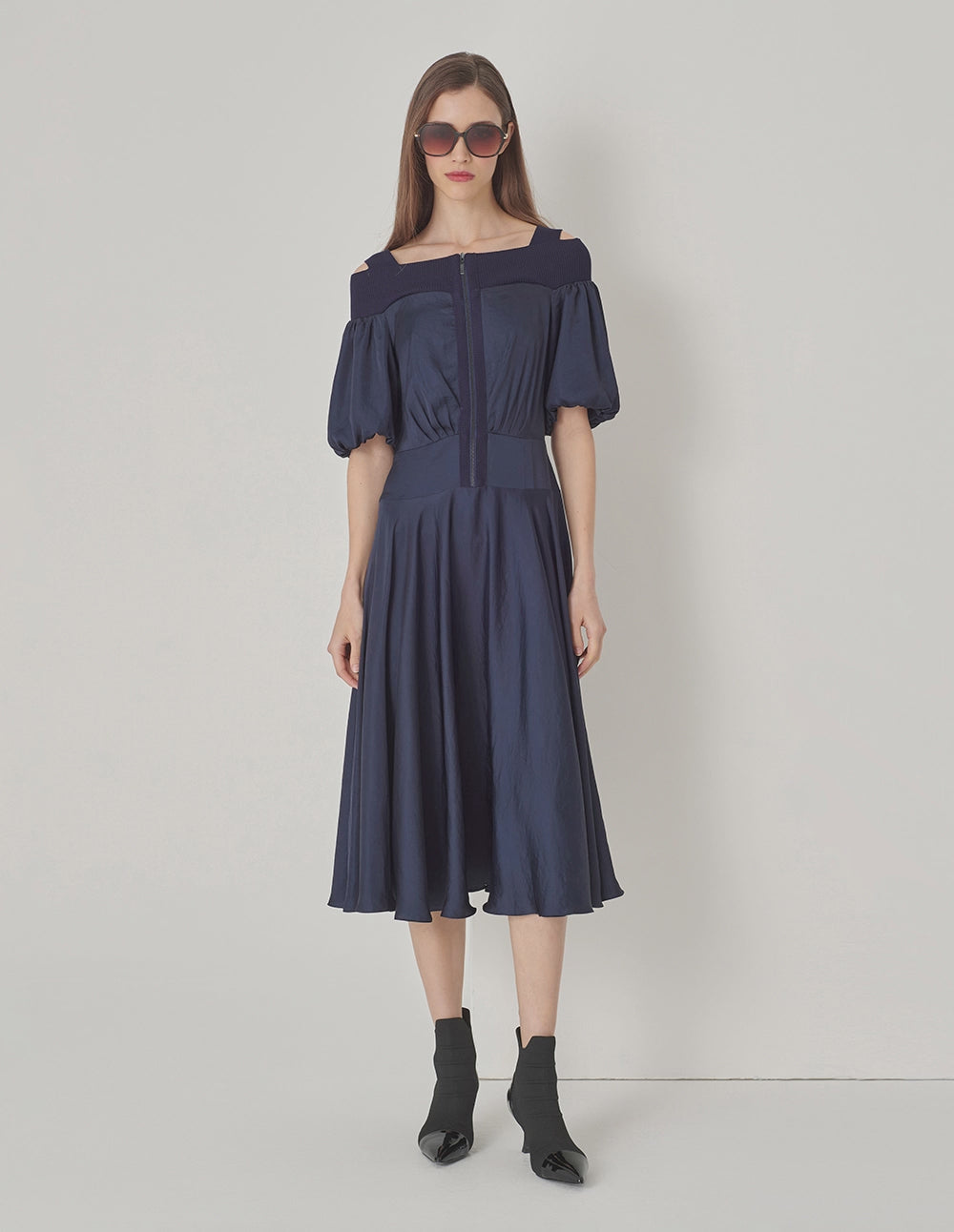 MARYLING Dark Blue Metallic Zipper Off-Shoulder Puff Sleeve Dress