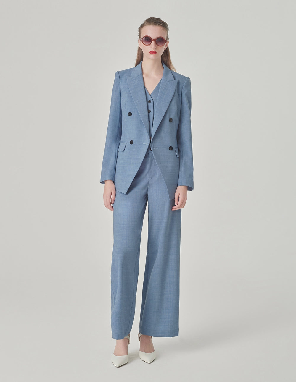 MARYLING Mist Blue Wide-Waisted Embellished Wide-Leg Pants