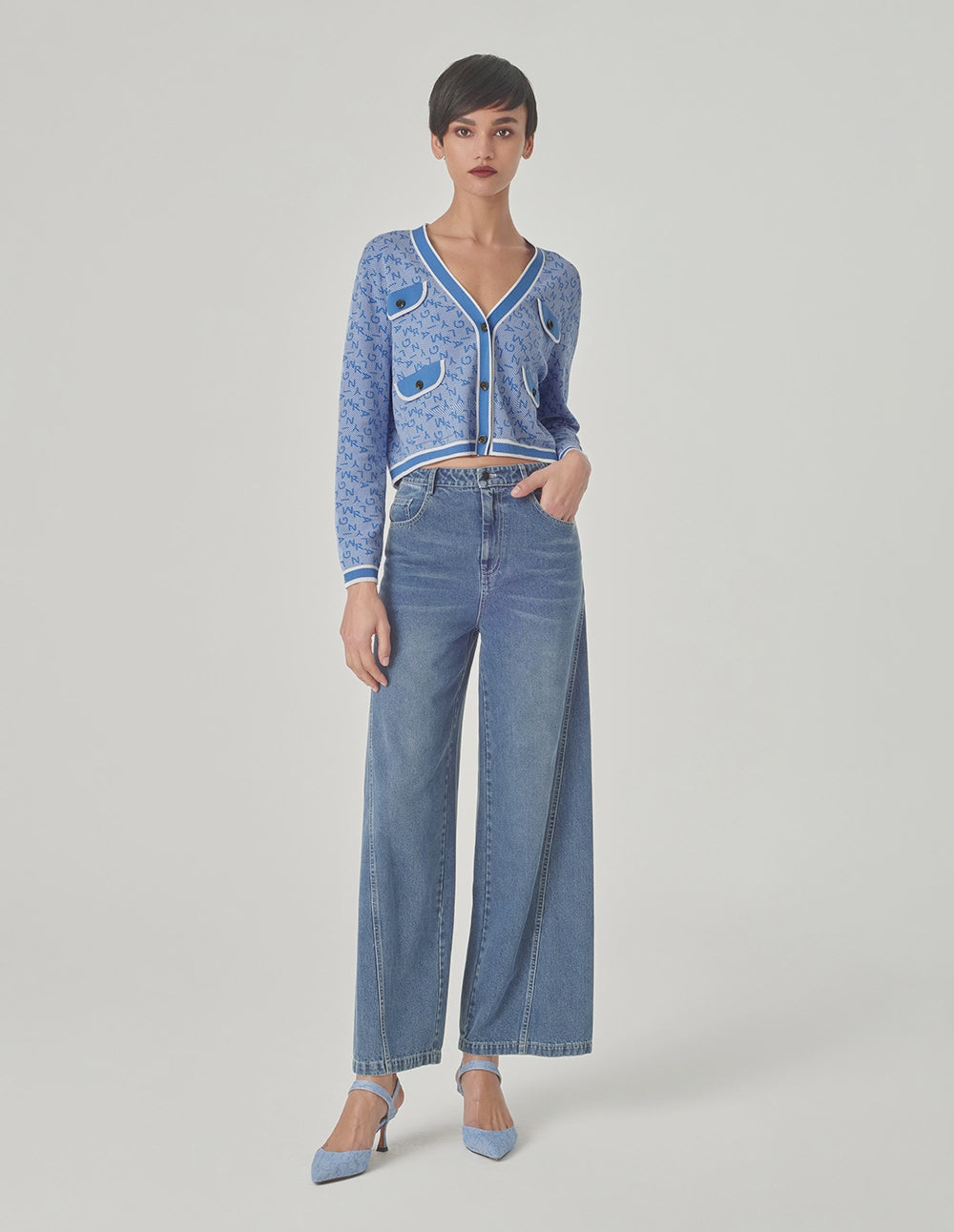 MARYLING Denim Blue V-Neck Jacquard Knitted Cardigan