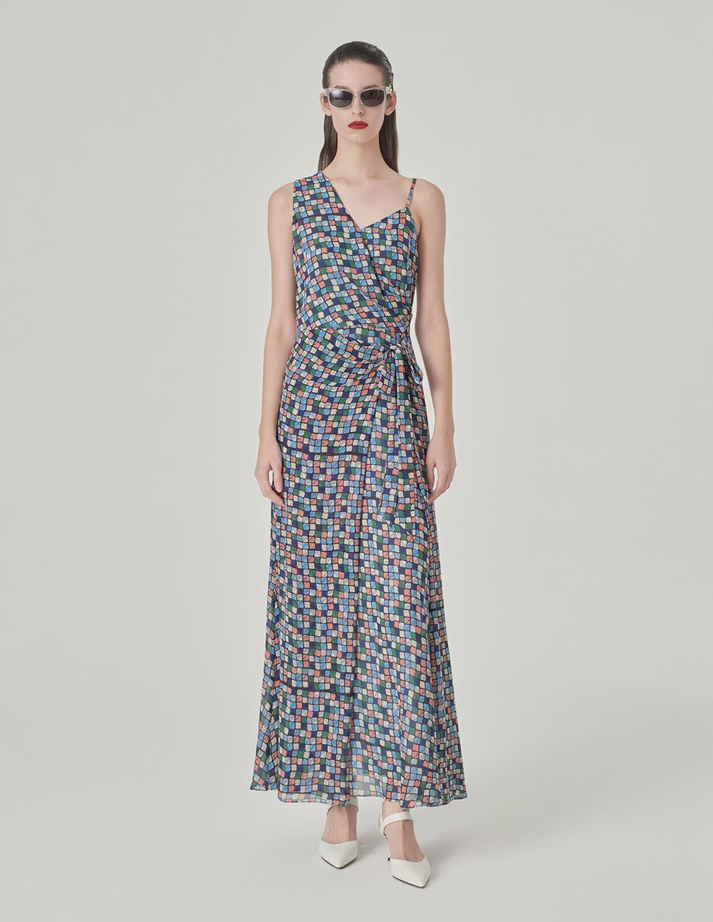 MARYLING Asymmetrical V-Neck Tie-Waist Plaid Print Maxi Dress