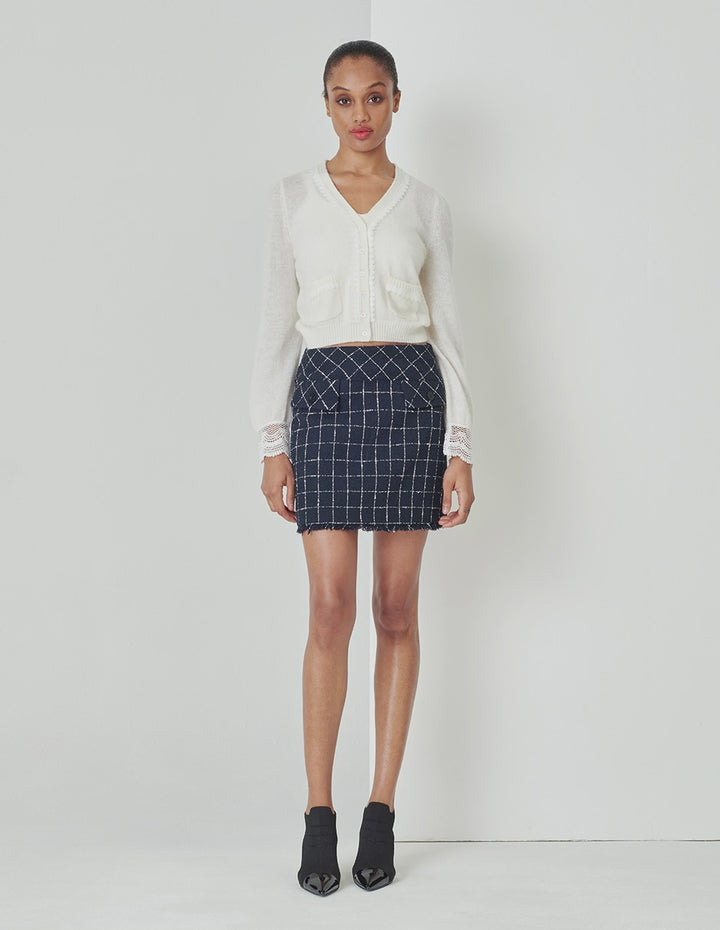 MARYLING A-Shape Plaid Mini Skirt In Tweed With Two Side Pockets Tassel