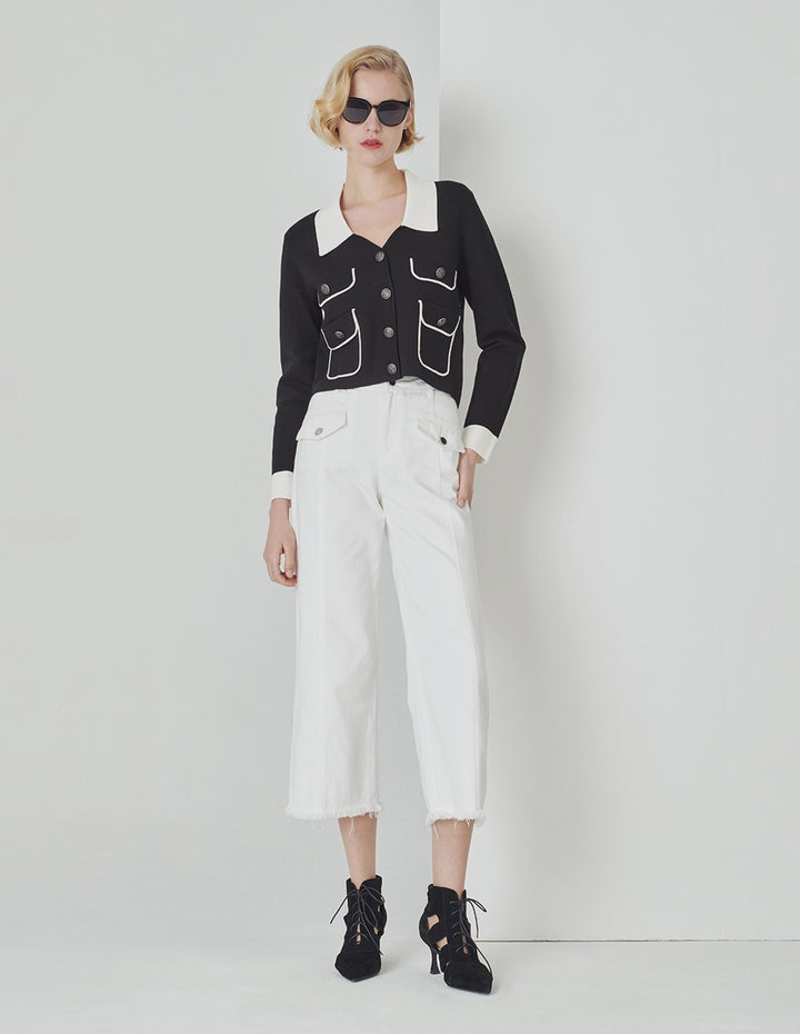MARYLING Spring Black and White with Button Pocket Cardigan