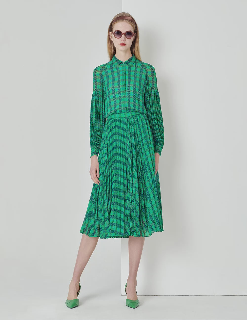 MARYLING  Blue And Green Square Print Houndstooth Pleated Skirt