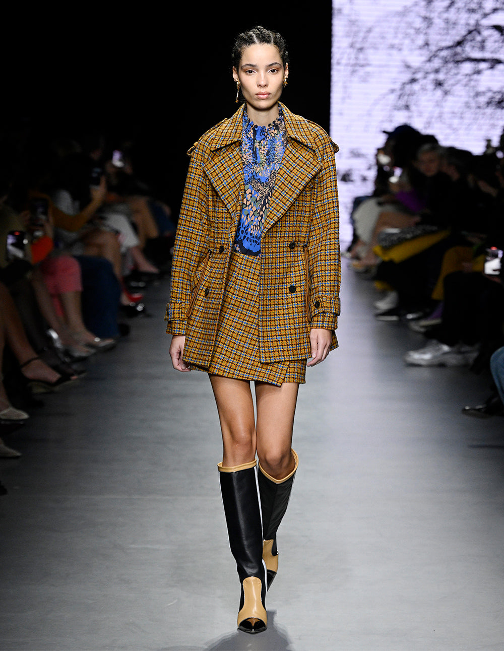 MARYLING Blue camel plaid wearing rope mini small A skirt