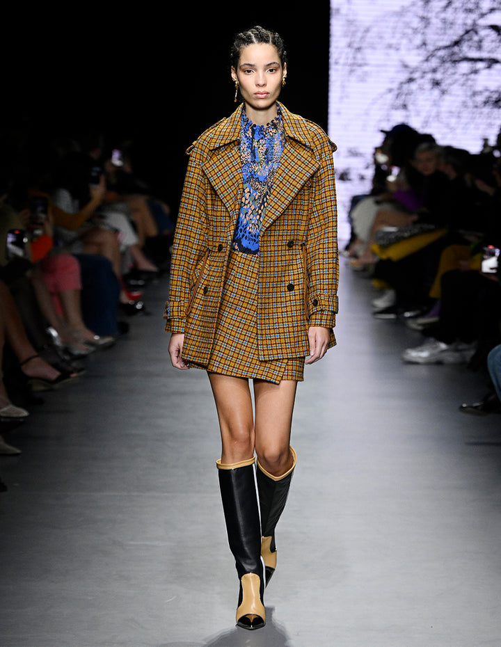 MARYLING Blue camel plaid wearing rope mini small A skirt