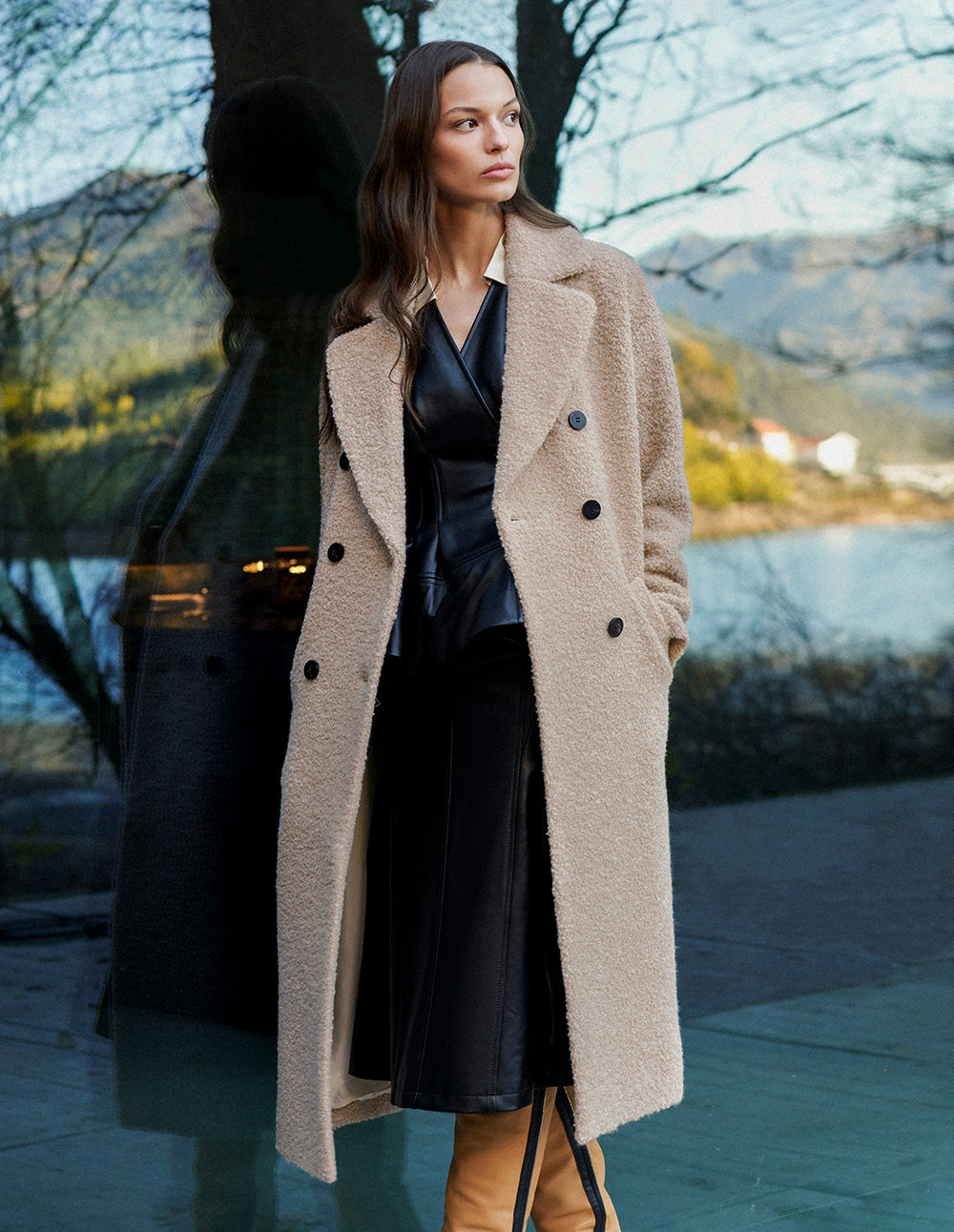 MARYLING beige large lapel long cocoon type dropped shoulder coat