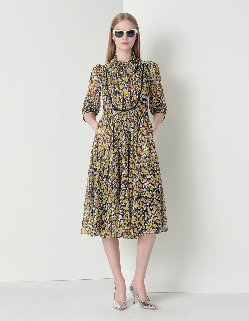 MARYLING V-Neck Tie Puffed Sleeves Print Dress