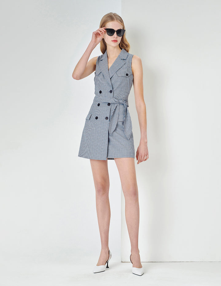 MARYLING Blue And White Grid Houndstooth Contrast Button A-Line Skirt