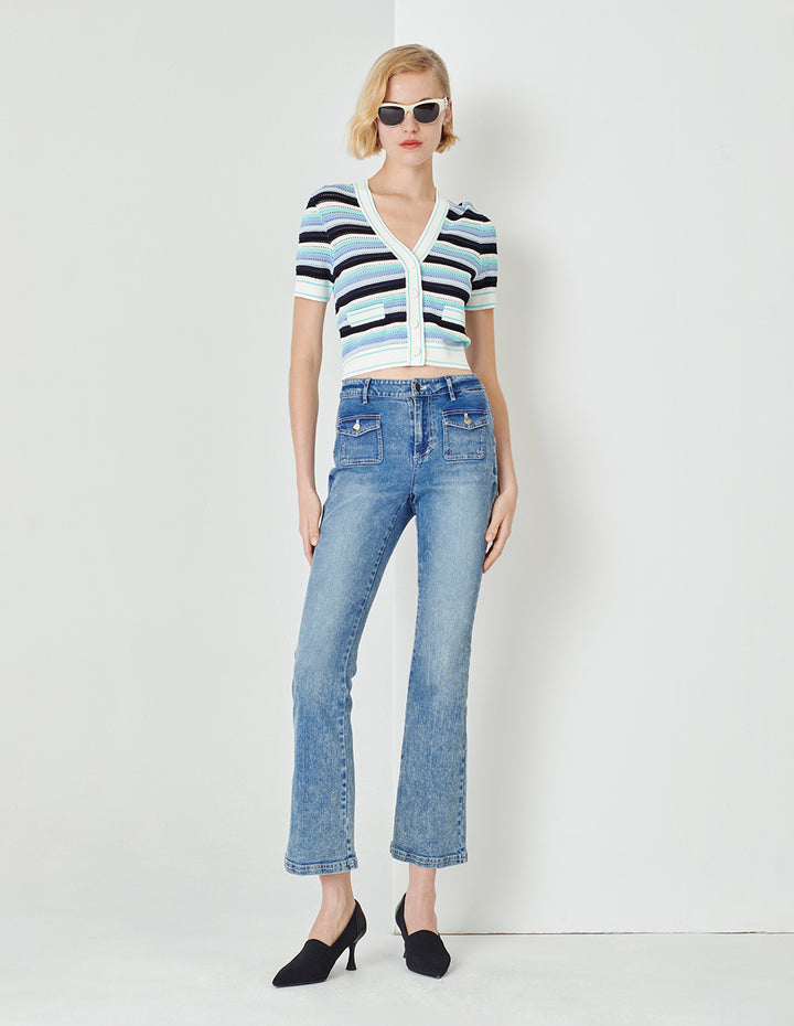 MARYLING Blue-Green V-Neck Knitted Cardigan