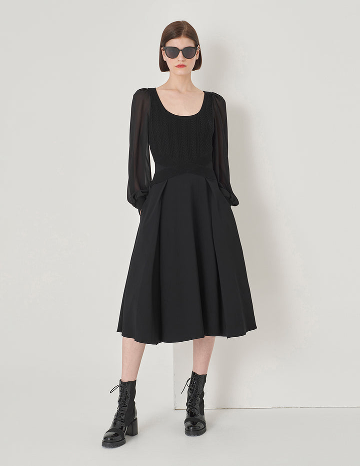 MARYLING Black Square Neck Knitted Patchwork Georgette Sleeve Dress