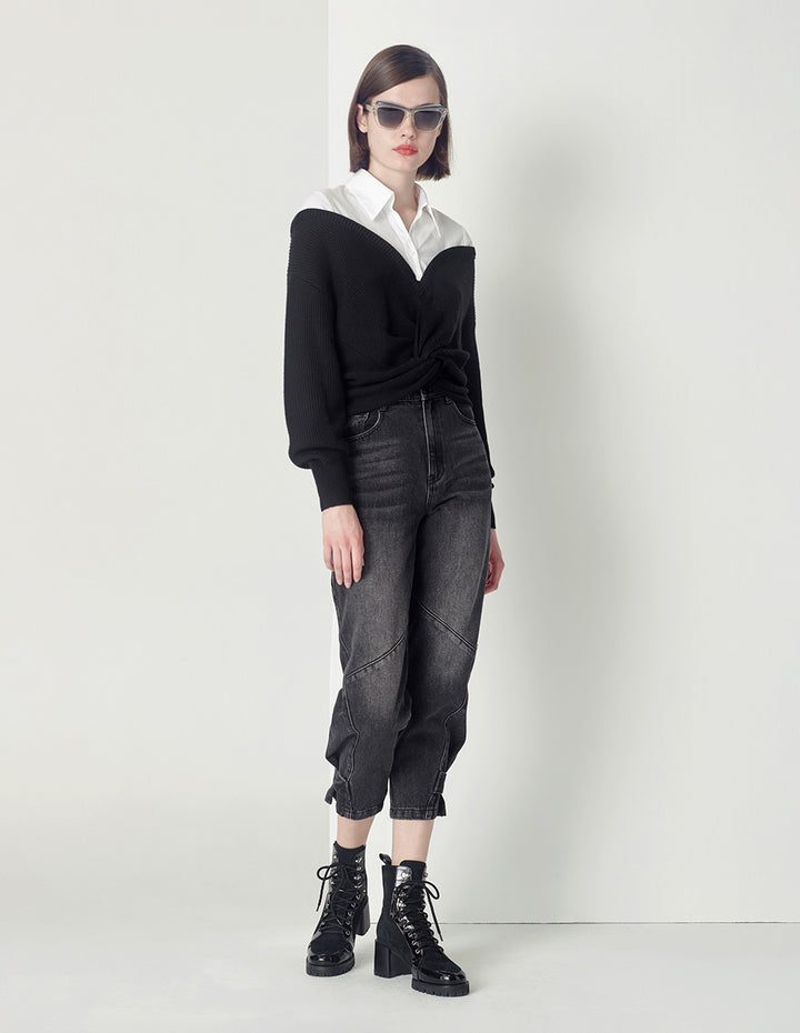 Maryling Black Tapered Feet Cropped Jeans