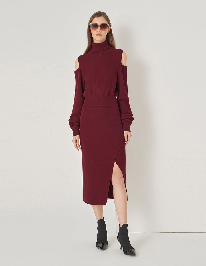 MARYLING Burgundy Red Turtleneck Off-The-Shoulder Long-Sleeve Knitted Dress