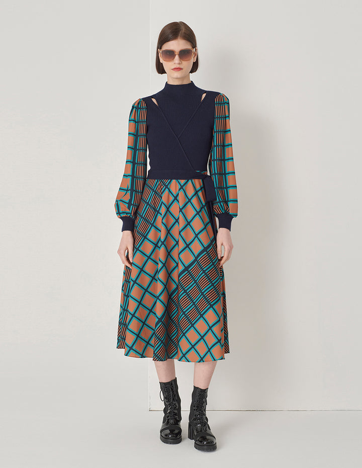 MARYLING Art Cube V Neck Knit Woven Dress