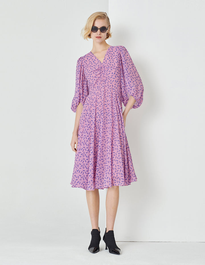 MARYLING Fantasy Pink Jungle Puff Sleeve V-Neck Dress