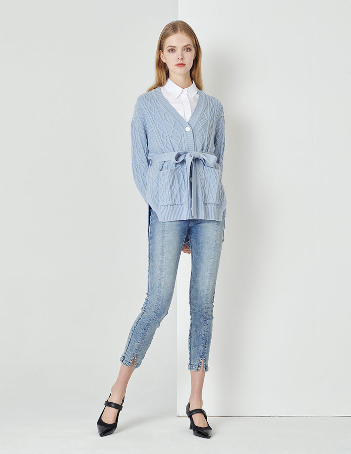 MARYLING Foggy Blue V-Neck Tied Waist Double Bag Knitted Cardigan