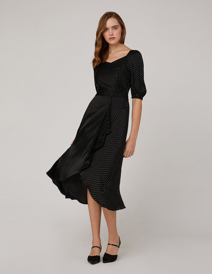 MARYLING V Neck Black Polka Dot Dress