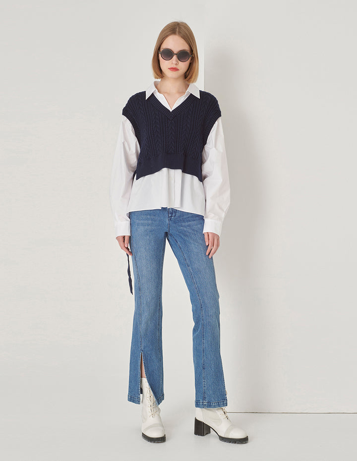 MARYLING Blue And White Contrast Knit Woven Matching Sweatshirt