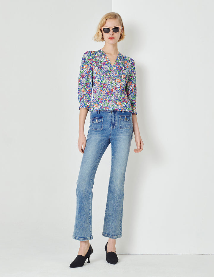 MARYLING Colourful underwater garden V-neck long-sleeved silk top