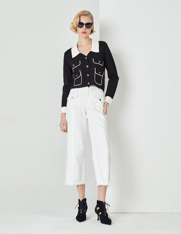 MARYLING Spring Black and White with Button Pocket Cardigan