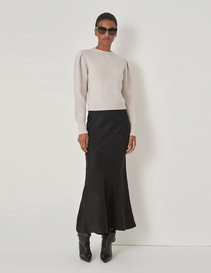 MARYLING Beige Round Neck Puff Sleeve Knitted Pullover