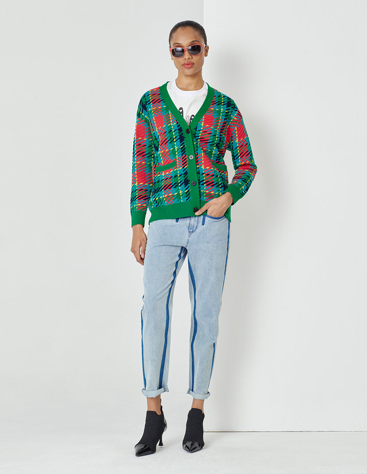 MARYLING Colourful Plaid V-Neck Knitted Cardigan